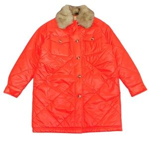 Aerie Quilted Puffer Coat Sz M Orange Faux Fur Collar Sherpa Lined Knee Length
